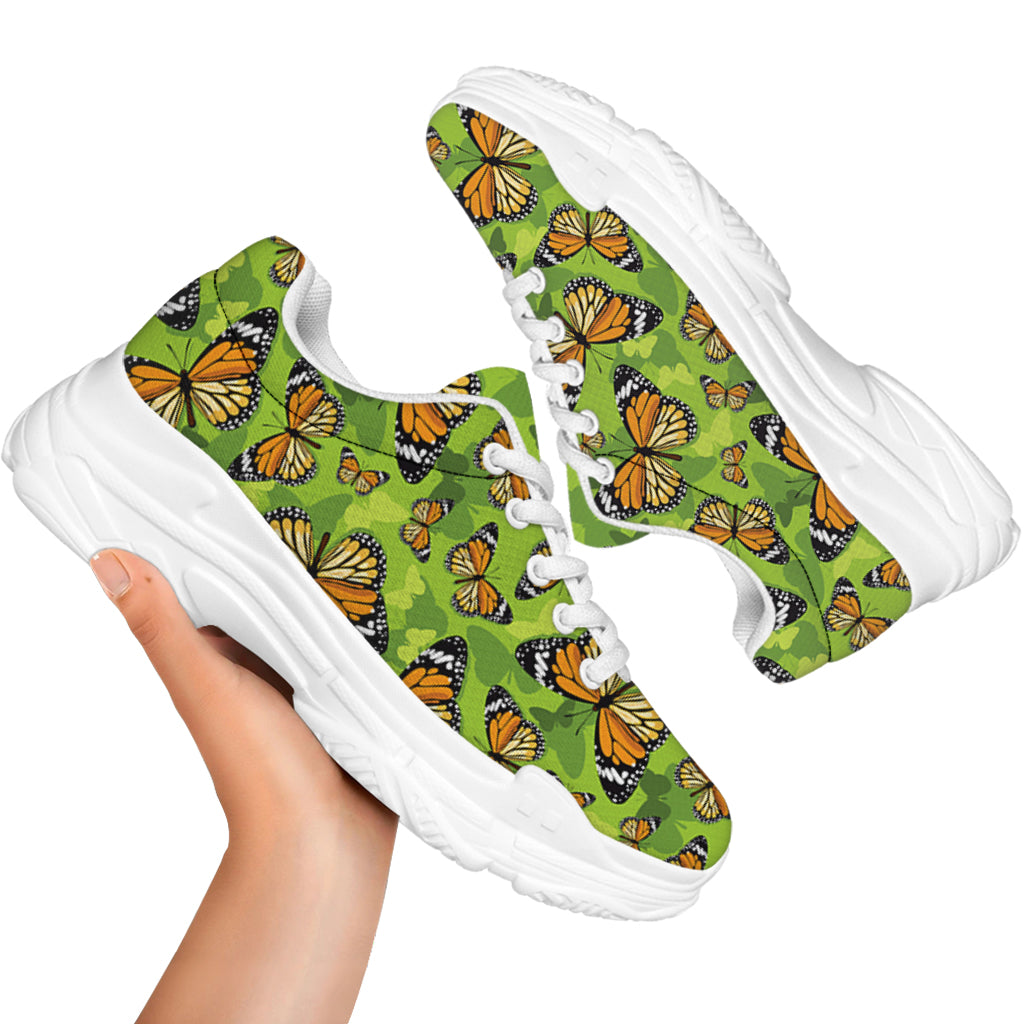 Green Monarch Butterfly Pattern Print White Chunky Shoes