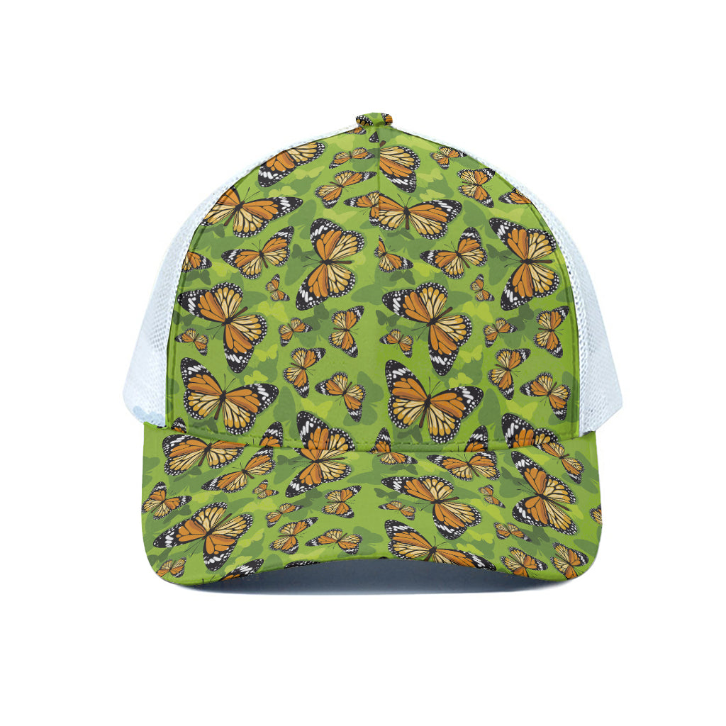 Green Monarch Butterfly Pattern Print White Mesh Trucker Cap