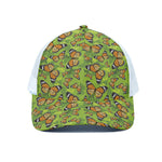 Green Monarch Butterfly Pattern Print White Mesh Trucker Cap