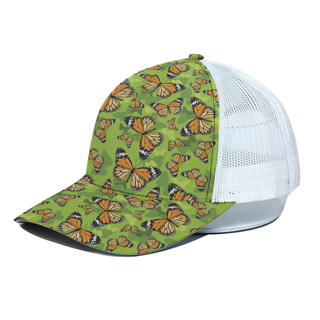 Green Monarch Butterfly Pattern Print White Mesh Trucker Cap
