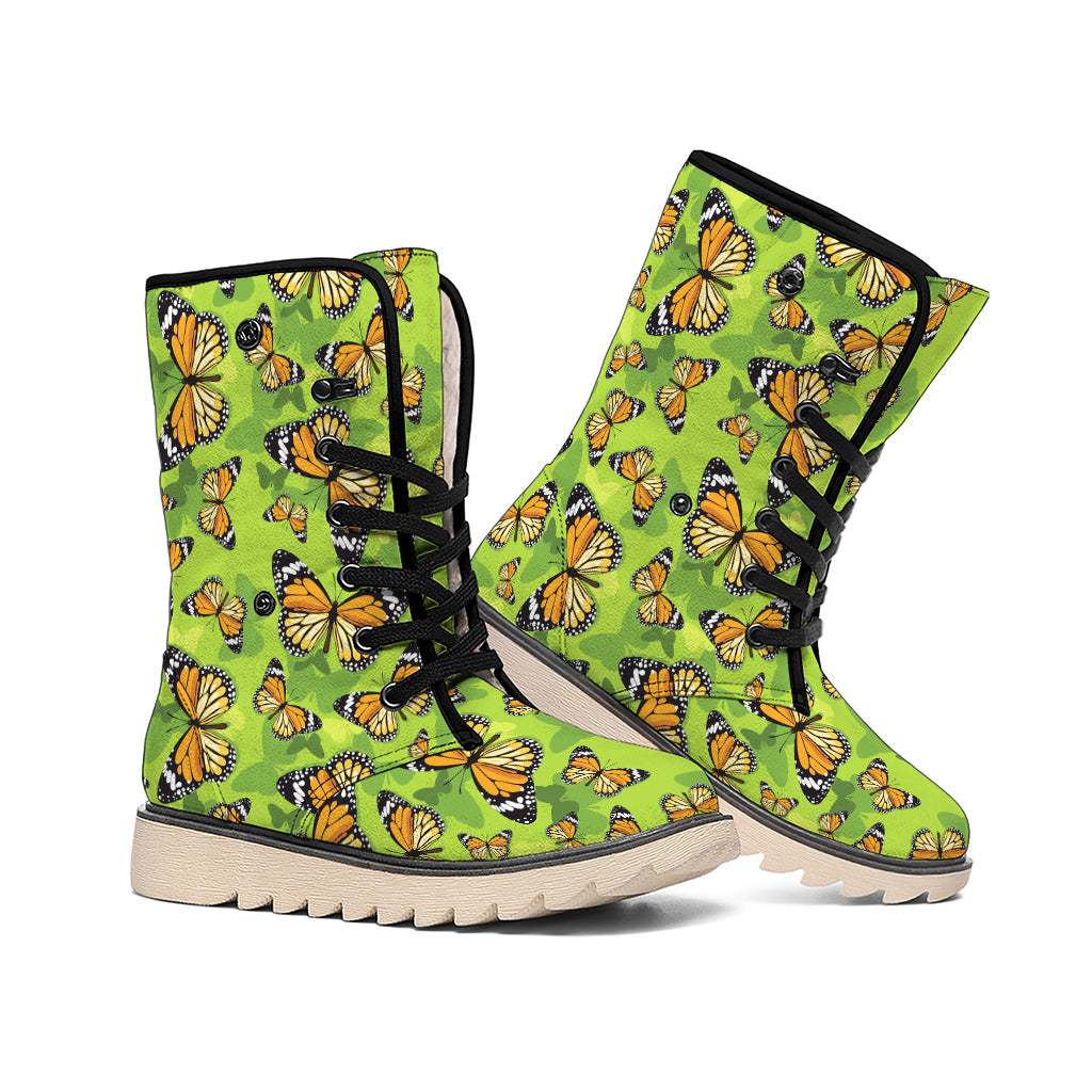 Green Monarch Butterfly Pattern Print Winter Boots
