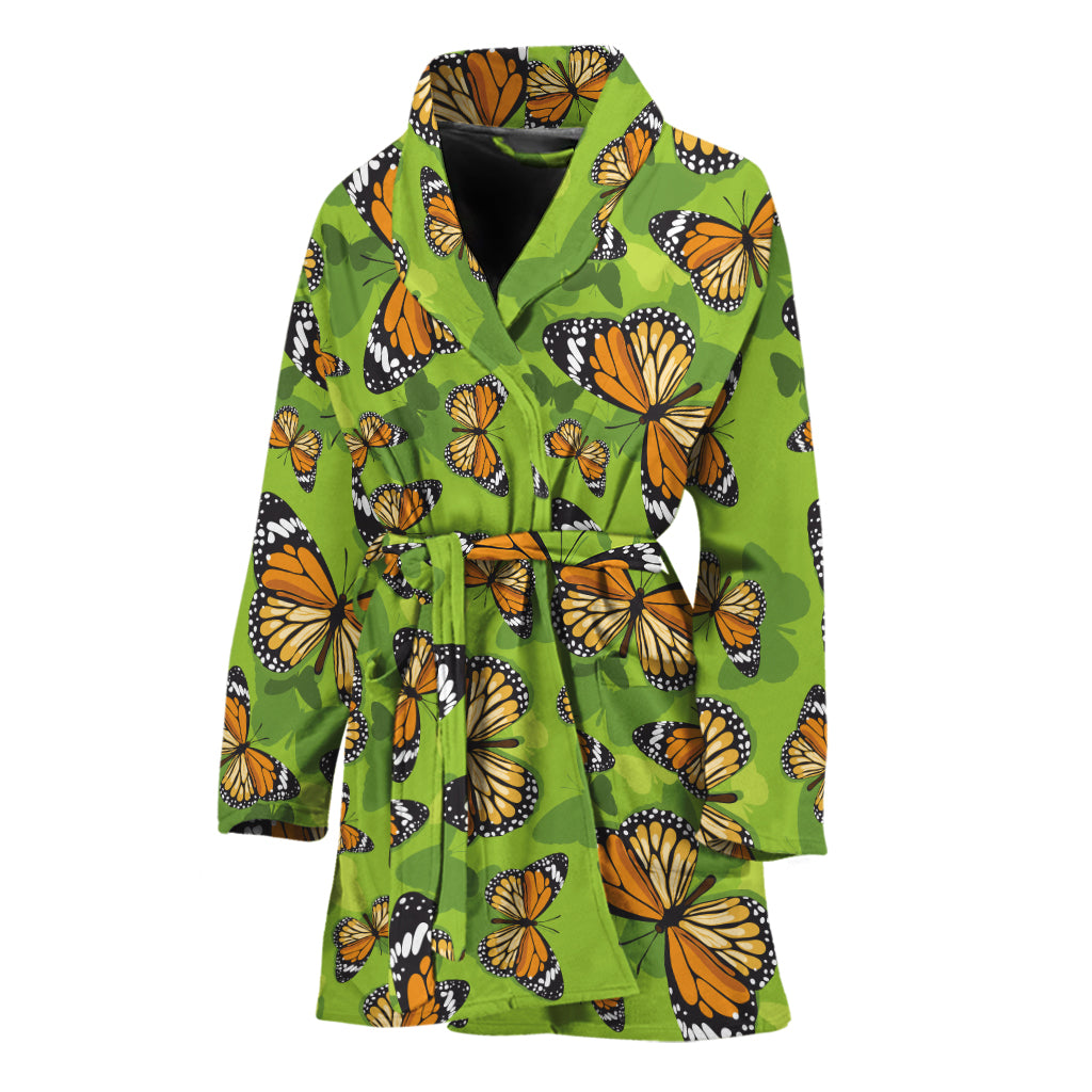 Green Monarch Butterfly Pattern Print Women's Bathrobe