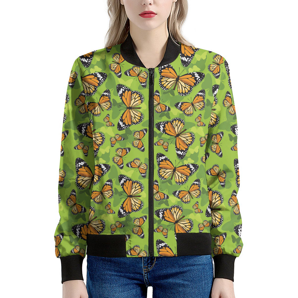 Green Monarch Butterfly Pattern Print Women's Bomber Jacket