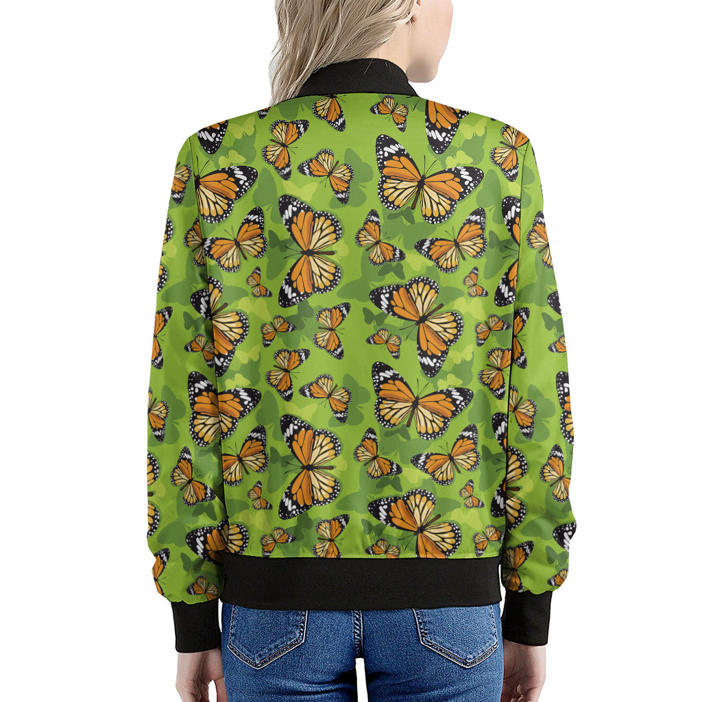 Green Monarch Butterfly Pattern Print Women's Bomber Jacket