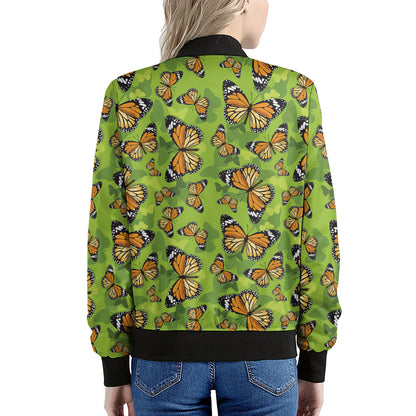 Green Monarch Butterfly Pattern Print Women's Bomber Jacket
