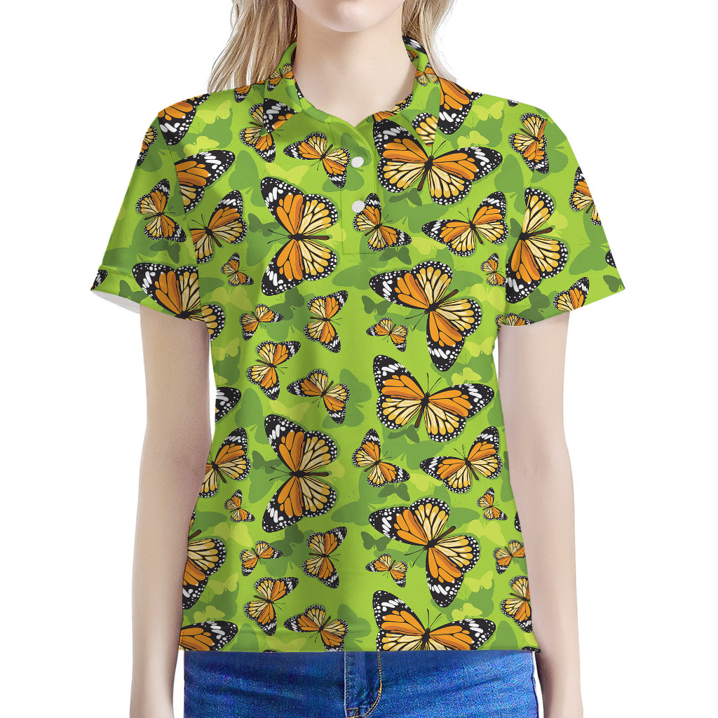 Green Monarch Butterfly Pattern Print Women's Polo Shirt