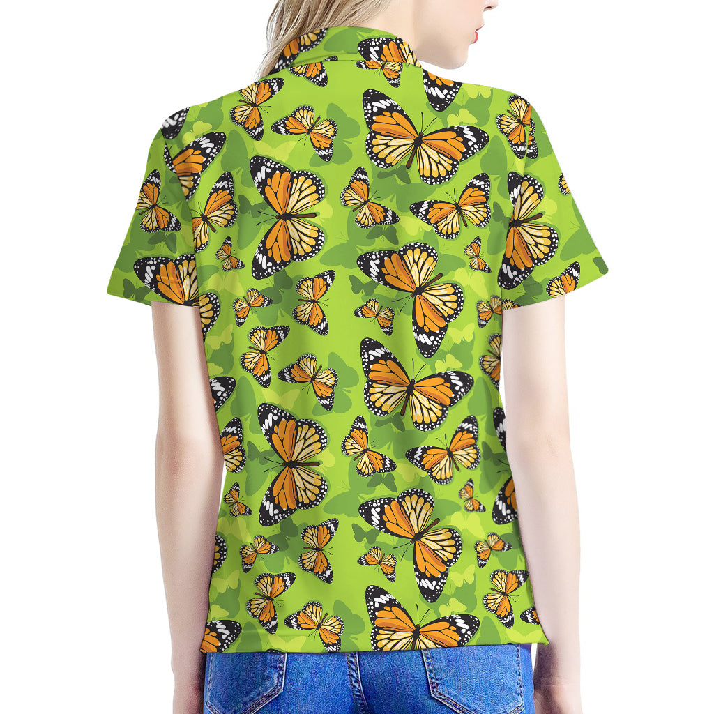 Green Monarch Butterfly Pattern Print Women's Polo Shirt