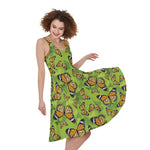 Green Monarch Butterfly Pattern Print Women's Sleeveless Dress