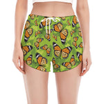Green Monarch Butterfly Pattern Print Women's Split Running Shorts