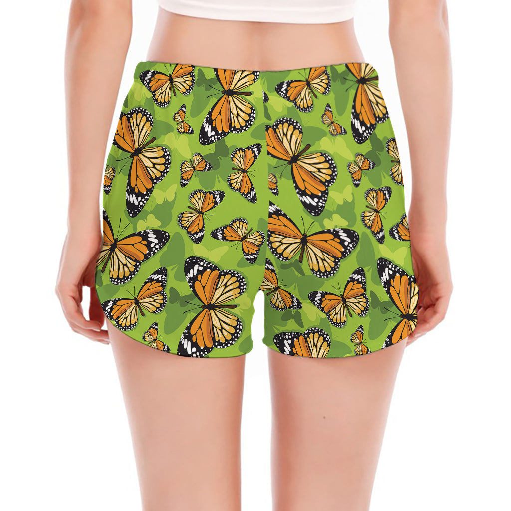 Green Monarch Butterfly Pattern Print Women's Split Running Shorts
