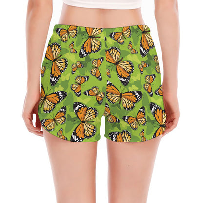 Green Monarch Butterfly Pattern Print Women's Split Running Shorts