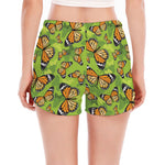 Green Monarch Butterfly Pattern Print Women's Split Running Shorts