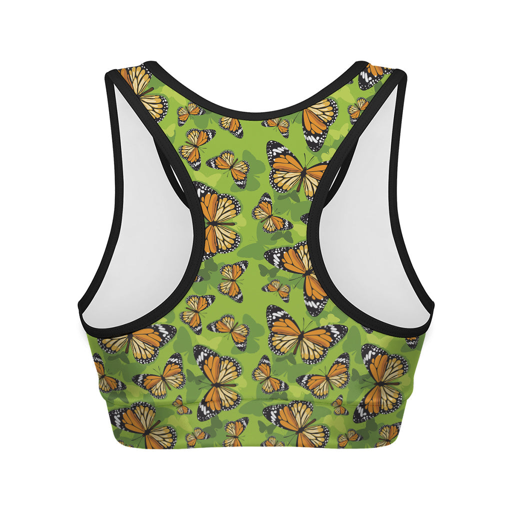 Green Monarch Butterfly Pattern Print Women's Sports Bra
