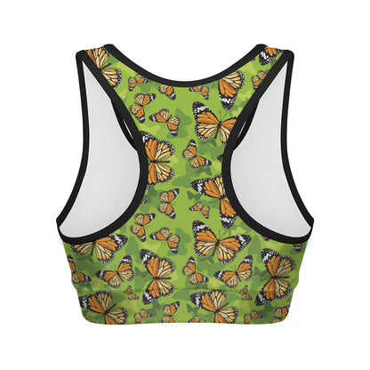 Green Monarch Butterfly Pattern Print Women's Sports Bra