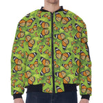 Green Monarch Butterfly Pattern Print Zip Sleeve Bomber Jacket