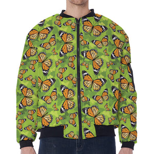 Green Monarch Butterfly Pattern Print Zip Sleeve Bomber Jacket