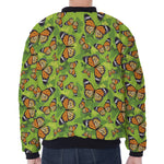 Green Monarch Butterfly Pattern Print Zip Sleeve Bomber Jacket