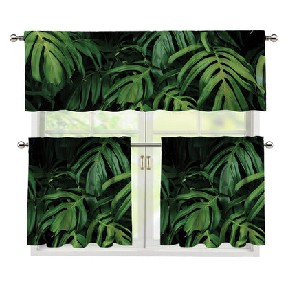 Green Monstera Leaf Print 3 Piece Kitchen Curtains