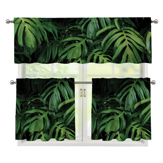 Green Monstera Leaf Print 3 Piece Kitchen Curtains