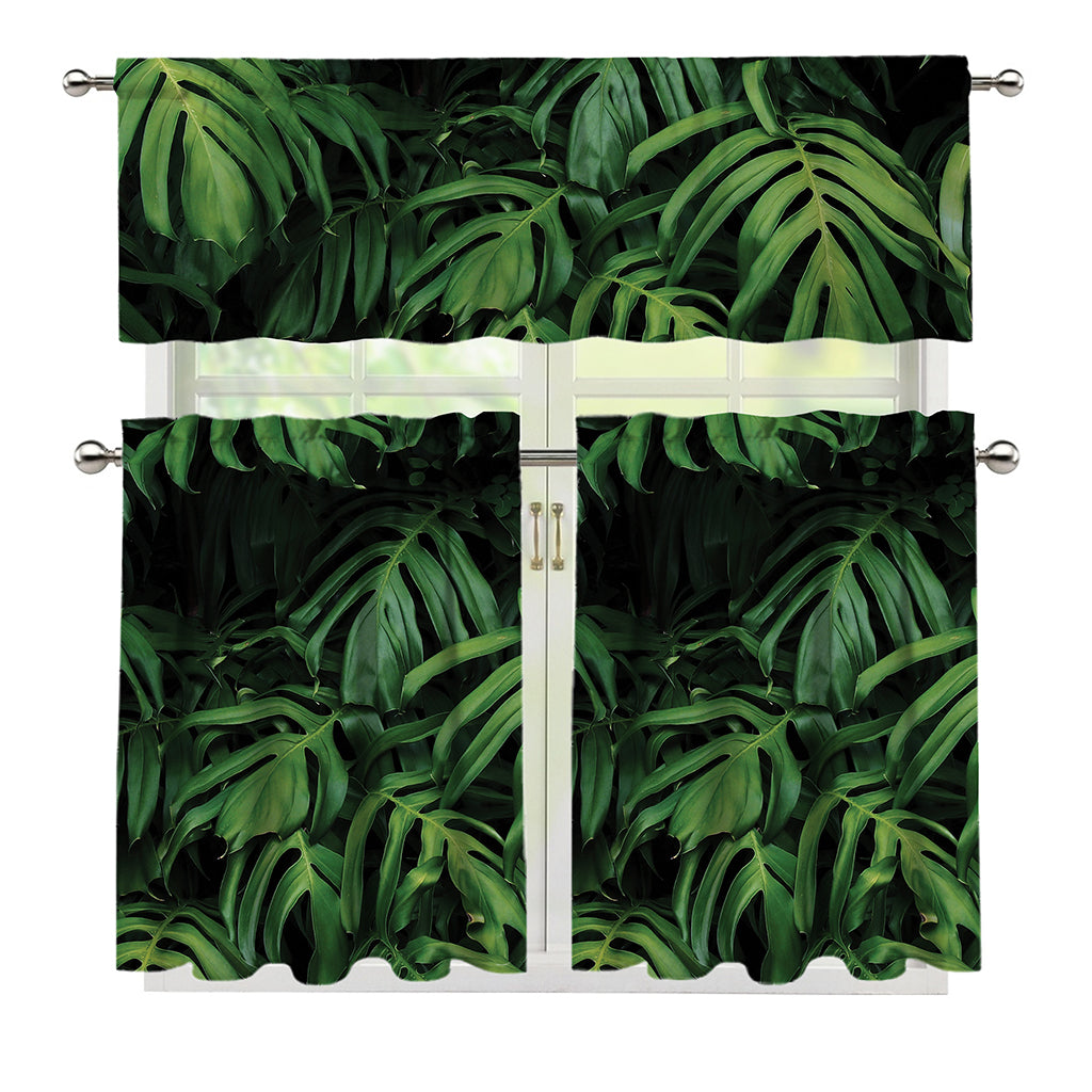 Green Monstera Leaf Print 3 Piece Kitchen Curtains