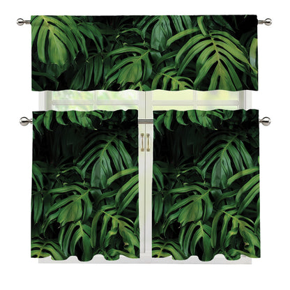 Green Monstera Leaf Print 3 Piece Kitchen Curtains