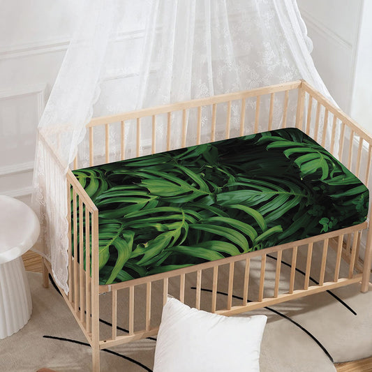 Green Monstera Leaf Print Baby Crib Sheet