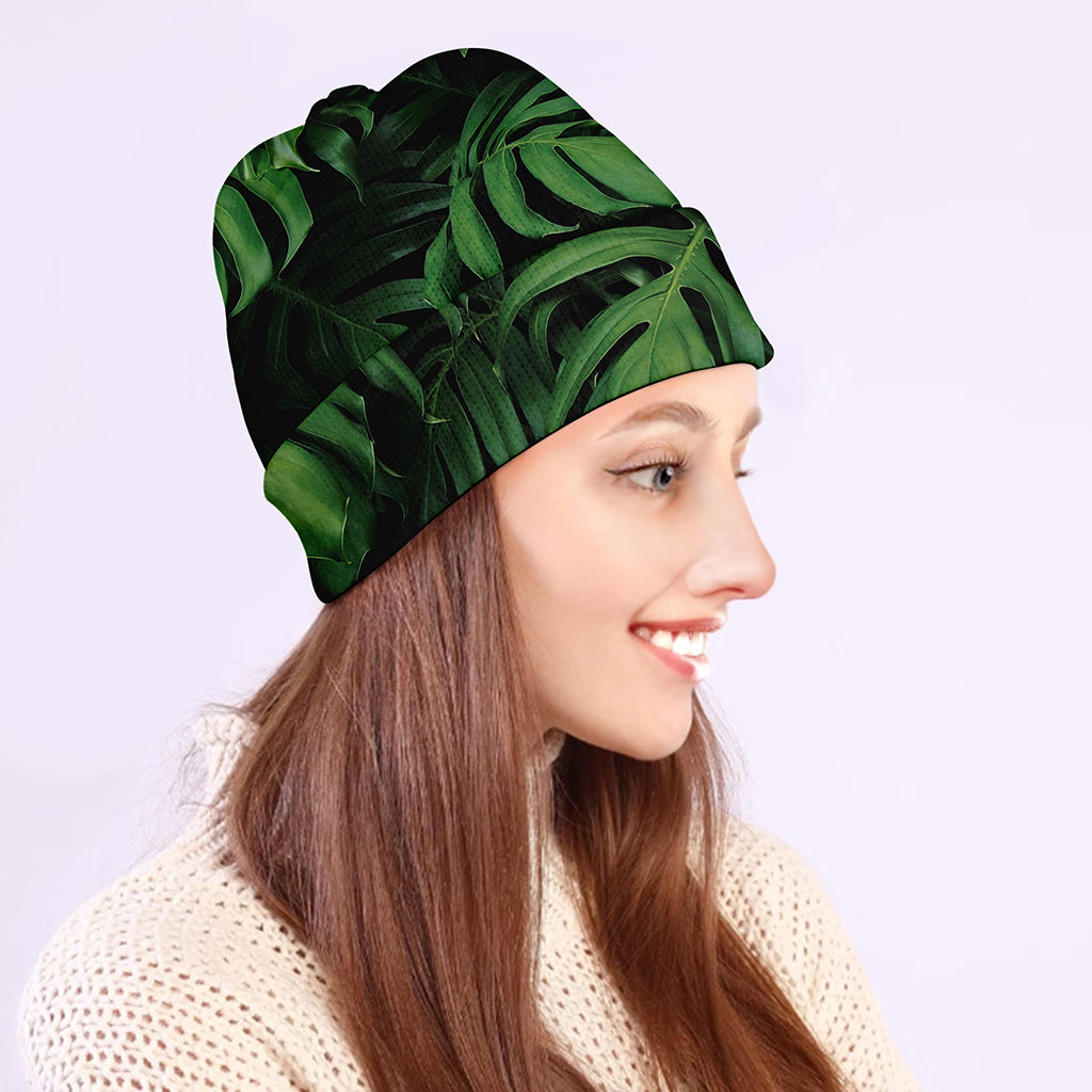 Green Monstera Leaf Print Beanie