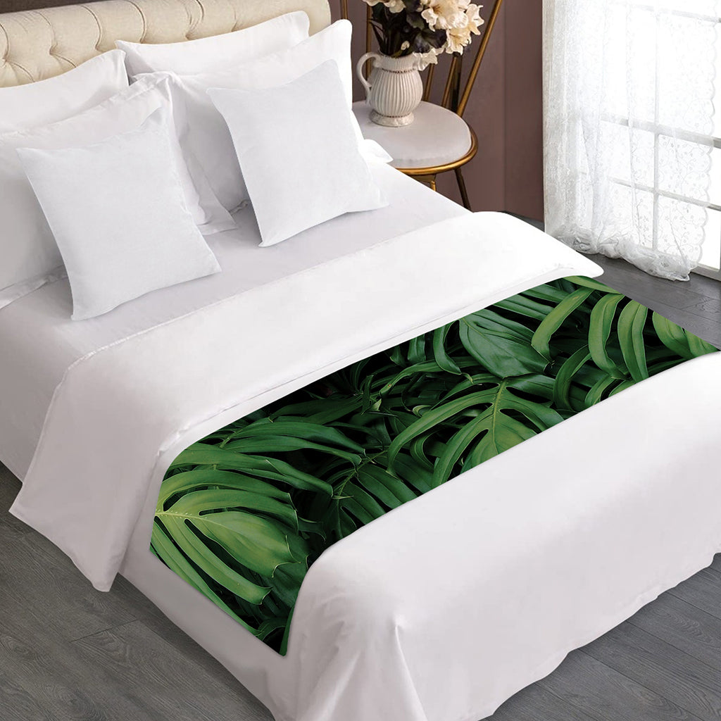 Green Monstera Leaf Print Bed Runner