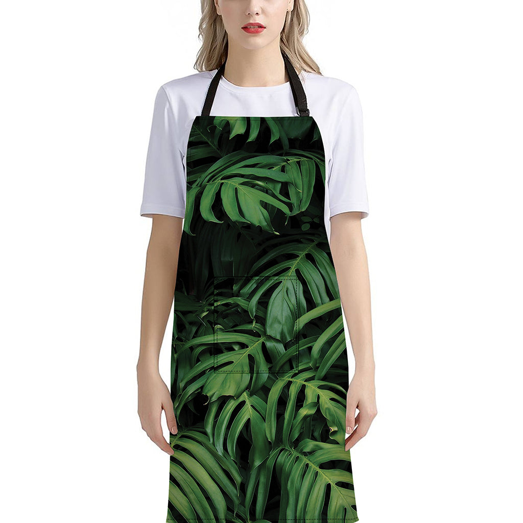 Green Monstera Leaf Print Bib Apron With Pocket