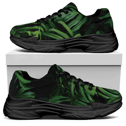 Green Monstera Leaf Print Black Chunky Shoes