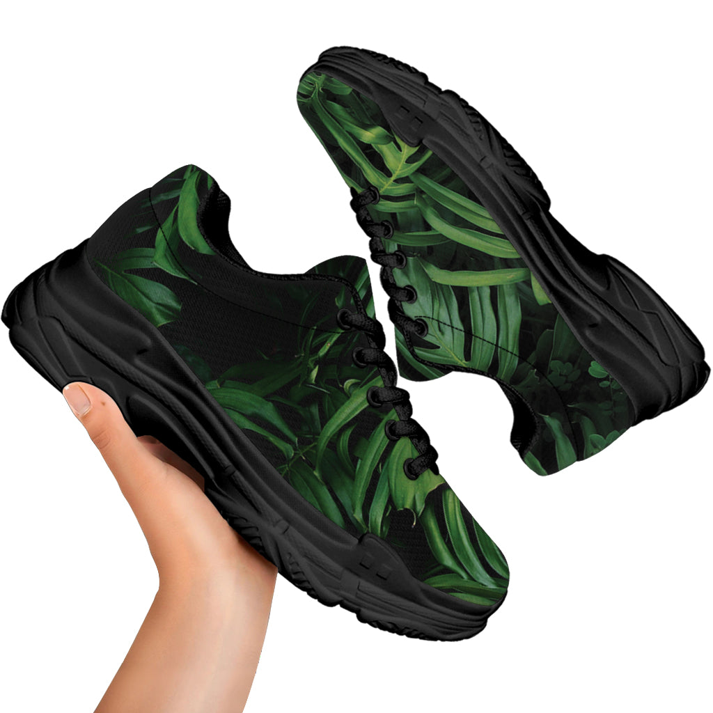 Green Monstera Leaf Print Black Chunky Shoes