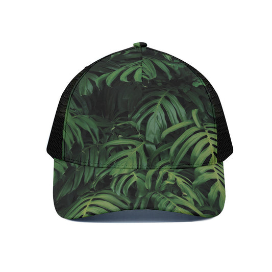 Green Monstera Leaf Print Black Mesh Trucker Cap