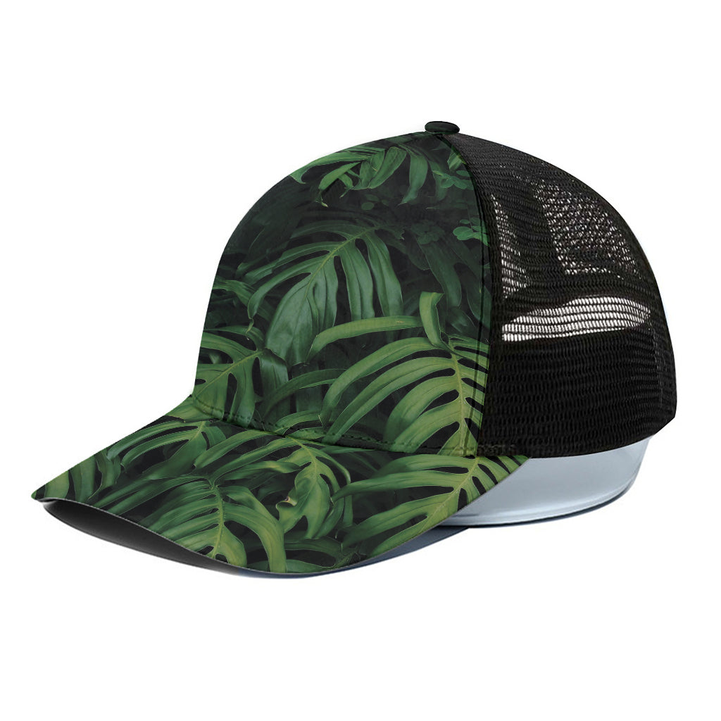 Green Monstera Leaf Print Black Mesh Trucker Cap