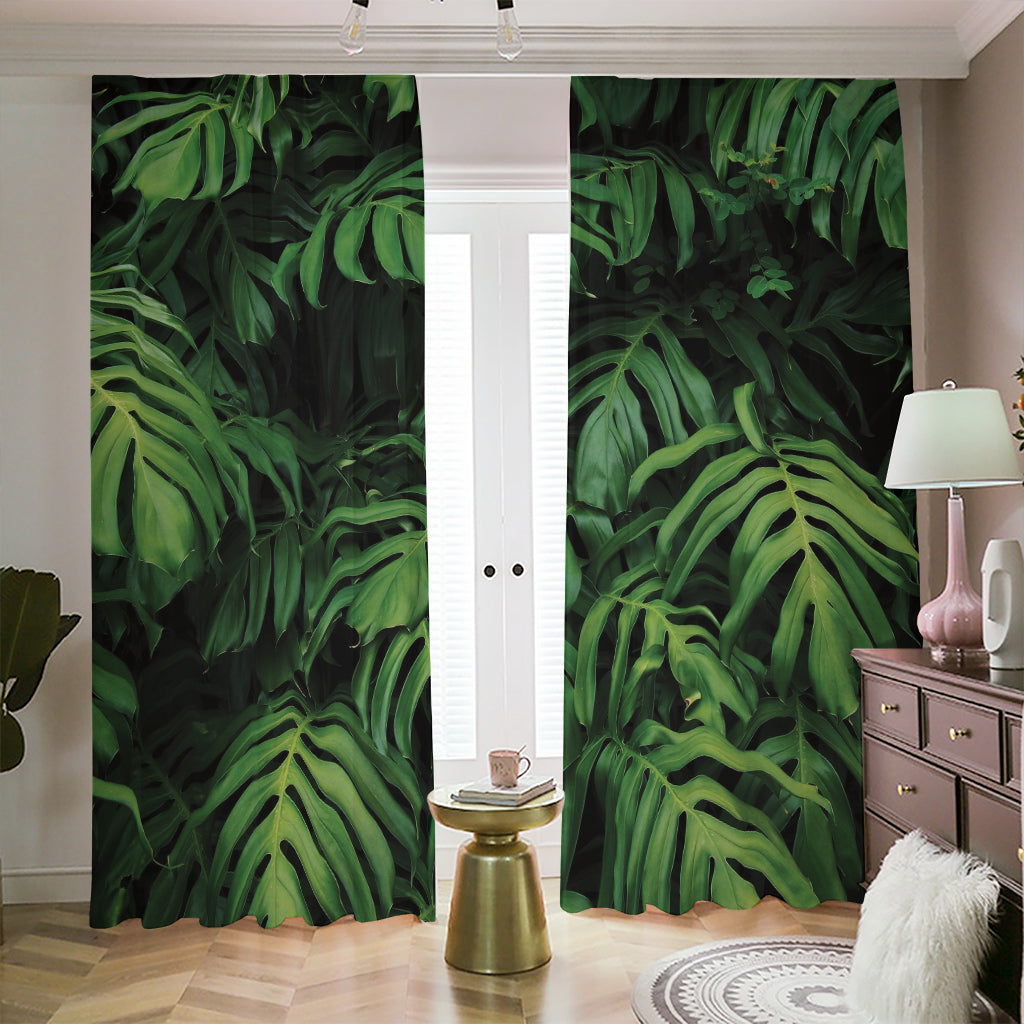 Green Monstera Leaf Print Blackout Pencil Pleat Curtains