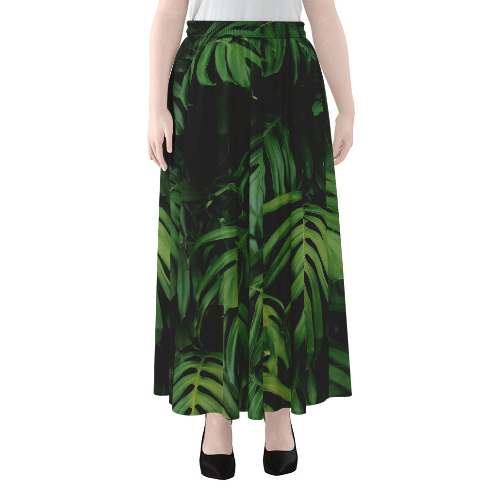 Green Monstera Leaf Print Chiffon Maxi Skirt