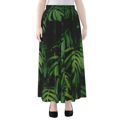 Green Monstera Leaf Print Chiffon Maxi Skirt