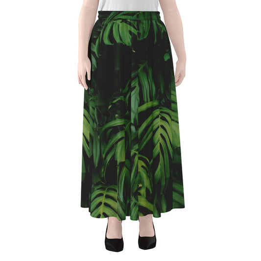 Green Monstera Leaf Print Chiffon Maxi Skirt