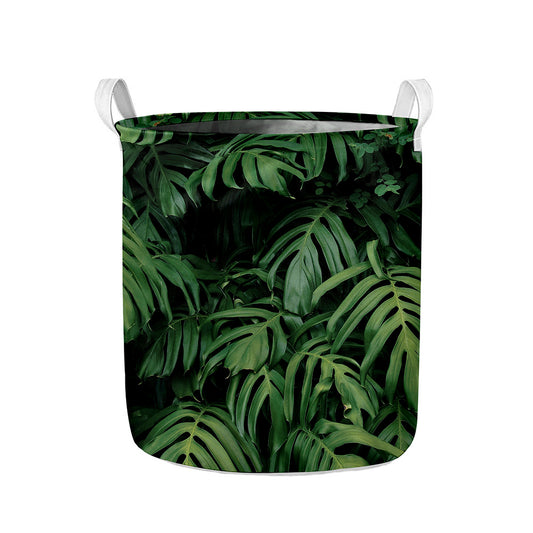 Green Monstera Leaf Print Collapsible Laundry Basket