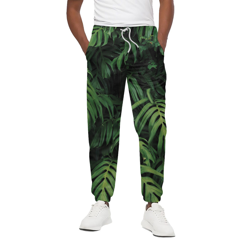 Green Monstera Leaf Print Cotton Pants
