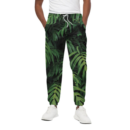 Green Monstera Leaf Print Cotton Pants
