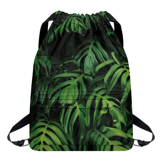 Green Monstera Leaf Print Drawstring Backpack