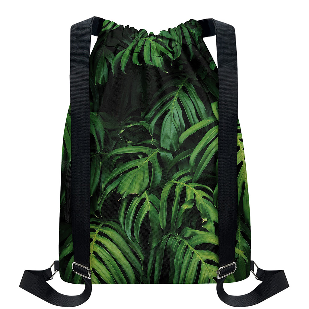 Green Monstera Leaf Print Drawstring Backpack