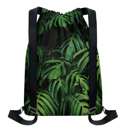 Green Monstera Leaf Print Drawstring Backpack
