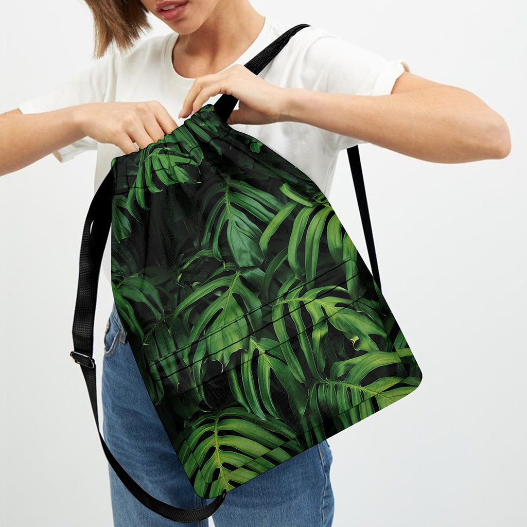 Green Monstera Leaf Print Drawstring Backpack