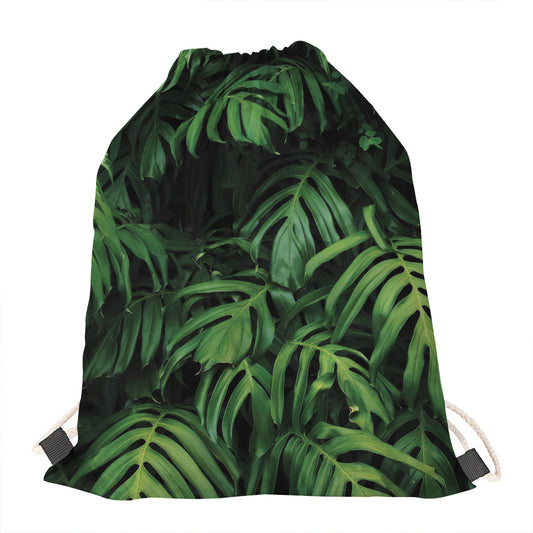 Green Monstera Leaf Print Drawstring Bag