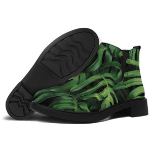 Green Monstera Leaf Print Flat Ankle Boots