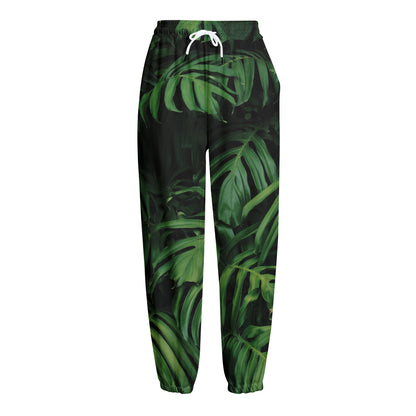 Green Monstera Leaf Print Fleece Lined Knit Pants