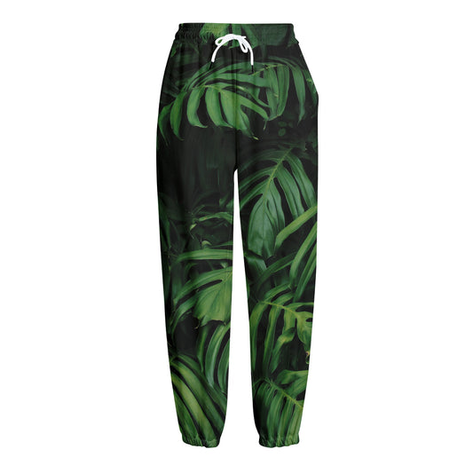 Green Monstera Leaf Print Fleece Lined Knit Pants