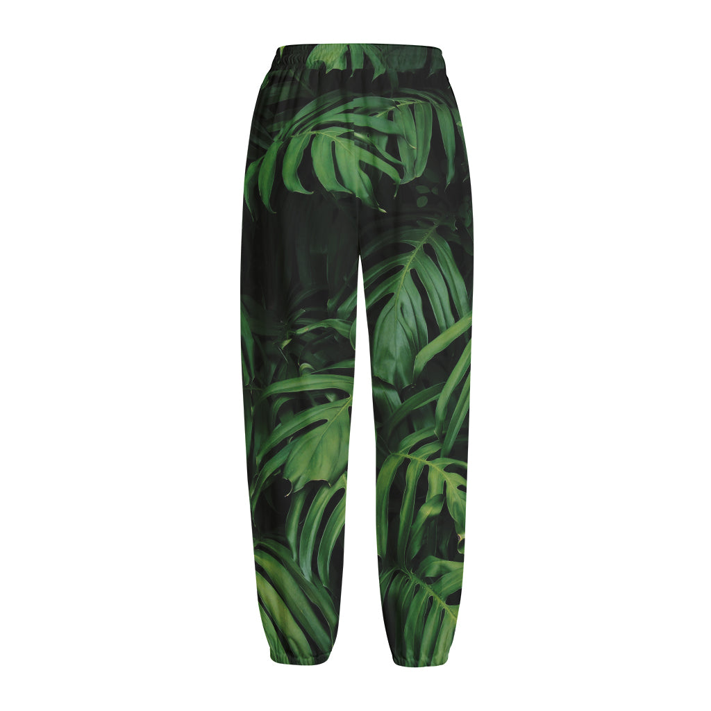 Green Monstera Leaf Print Fleece Lined Knit Pants