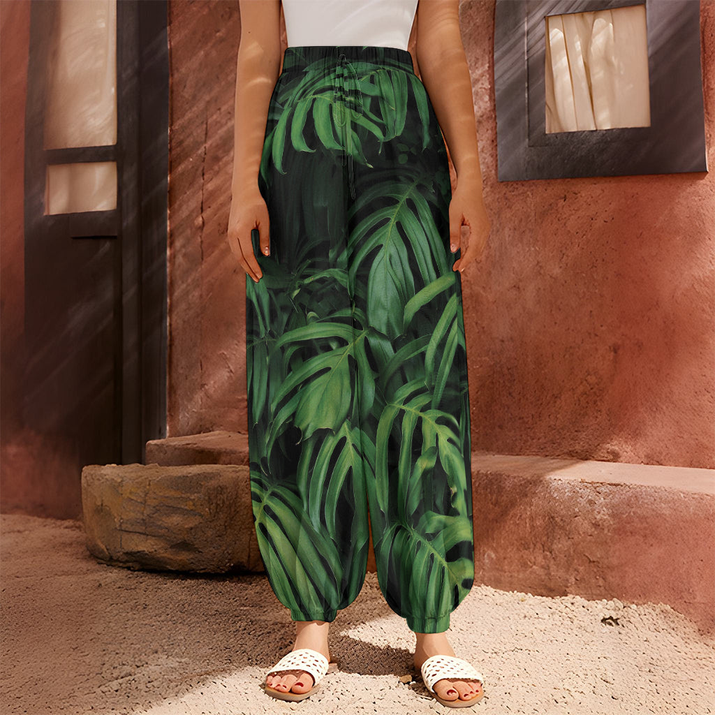 Green Monstera Leaf Print Harem Pants